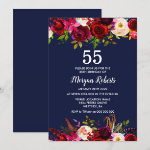 Navy Burgundy Floral 55th Birthday Party Invite Kaart