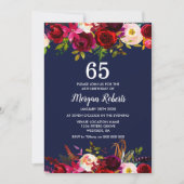 Navy Burgundy Floral 65th Birthday Party Invite Kaart (Voorkant)