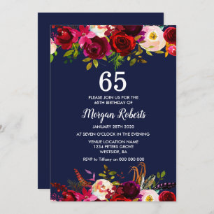 Navy Burgundy Floral 65th Birthday Party Invite Kaart