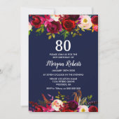 Navy Burgundy Floral 80th Birthday Party Invite Kaart (Voorkant)