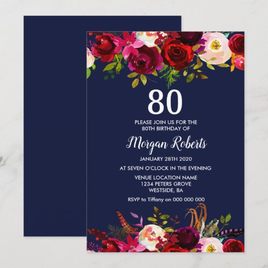 Navy Burgundy Floral 80th Birthday Party Invite Kaart (Voorkant / Achterkant)