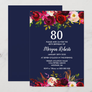 Navy Burgundy Floral 80th Birthday Party Invite Kaart