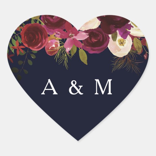 Navy & Burgundy Floral Boho Wedding name voor Hart Sticker (Voorkant)