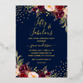 Navy Burgundy Floral Confetti 50 & Fabulous Folie Uitnodiging (Voorkant)