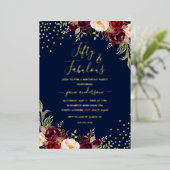Navy Burgundy Floral Confetti 50 & Fabulous Folie Uitnodiging (Staand Voorkant)