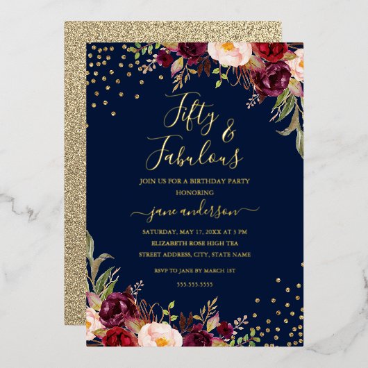 Navy Burgundy Floral Confetti 50 & Fabulous Folie Uitnodiging (Voorkant / Achterkant)