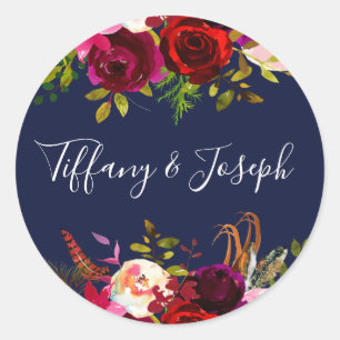Navy Burgundy Floral Engagement Party Weddenschap Ronde Sticker