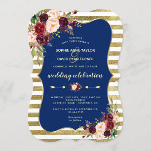 Navy Burgundy Floral Gold Glitter Stripes Wedding Kaart