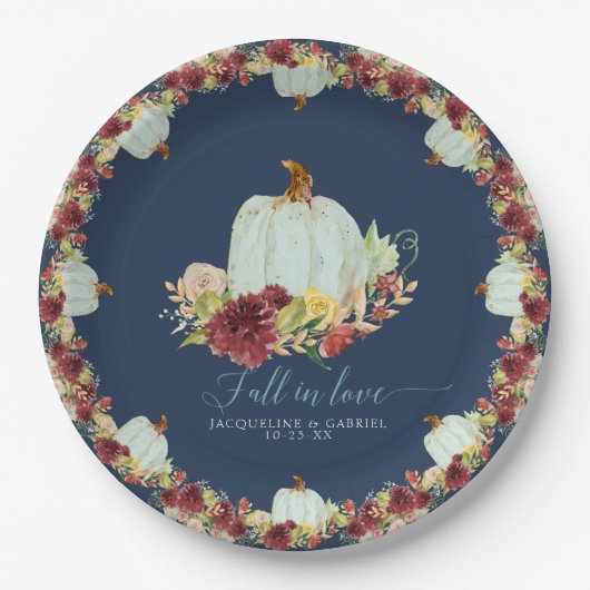 Navy Burgundy Floral Herfst in Love Pumpkin Weddin Papieren Bordje (Voorkant)