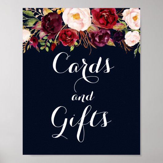 Navy Burgundy Floral Kaarten en Gifts Wedding Poster (Voorkant)