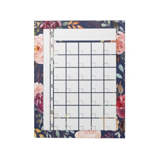 Navy Burgundy Floral Monthly Planner Agenda Notitieblok (Linkerzijde)