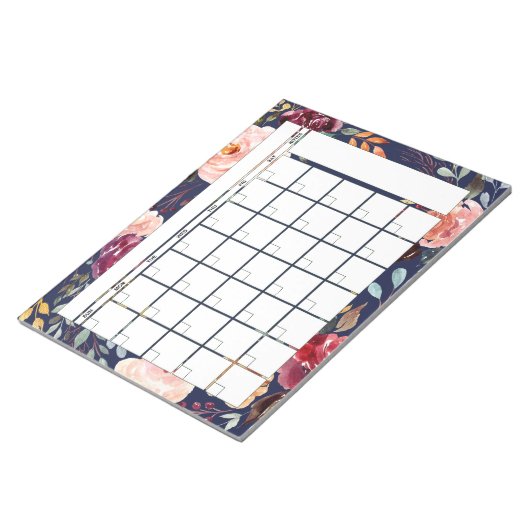 Navy Burgundy Floral Monthly Planner Agenda Notitieblok (Schuin)