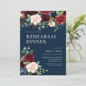 Navy Burgundy Floral repesal Dinner Invitation Kaart (Staand voorkant)