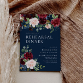 Navy Burgundy Floral repesal Dinner Invitation Kaart