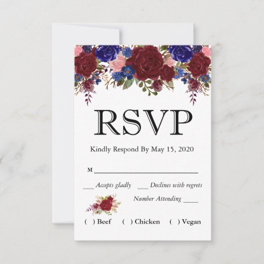 Navy Burgundy Floral Waterverf RSVP Wedding Meal (Voorkant)