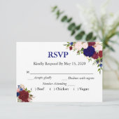 Navy Burgundy Floral Waterverf RSVP Wedding Meal (Staand voorkant)