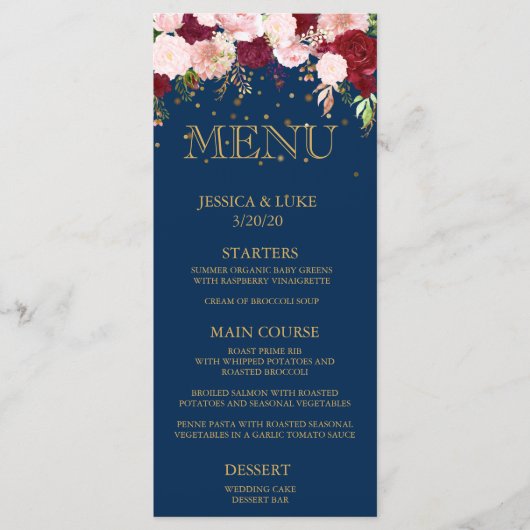 Navy Burgundy Floral Wedding Gold Confetti Menu (Voorkant)
