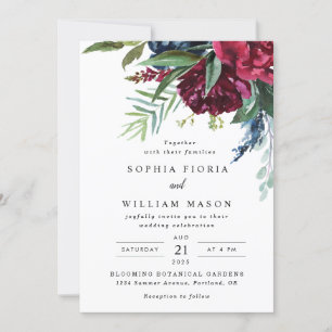 Navy Burgundy Floral Wedding Invitation Kaart