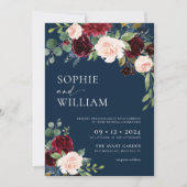 Navy Burgundy Floral Wedding Invitation Kaart (Voorkant)