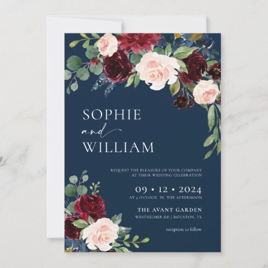 Navy Burgundy Floral Wedding Invitation Kaart (Voorkant)