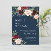 Navy Burgundy Floral Wedding Invitation Kaart (Staand voorkant)