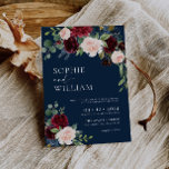 Navy Burgundy Floral Wedding Invitation Kaart<br><div class="desc">Boho Burgundy en Blush Floral Navy Wedding Invitation. Deze uitnodiging wordt gekenmerkt door boho bogundy en blush rozen en bloemen met twee moderne hoogstaande lettertypen die de trends van het cadeau en toekomstige feestelijke gebeurtenissen bepalen.</div>