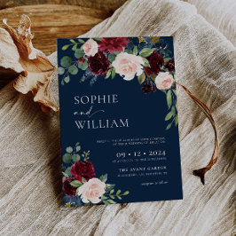 Navy Burgundy Floral Wedding Invitation Kaart
