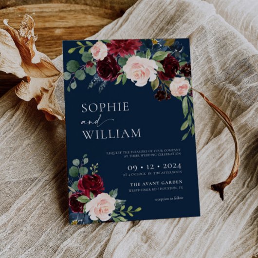 Navy Burgundy Floral Wedding Invitation Kaart