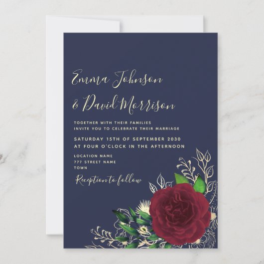 Navy Burgundy Floral Wedding Invitation Kaart (Voorkant)