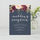 Navy Burgundy Floral Wedding Reception Kaart (Staand voorkant)