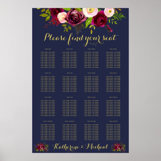 Navy Burgundy Floral Wedding Seating Chart Poster (Voorkant)