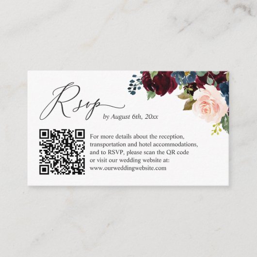 Navy Burgundy Floral Wedding Website RSVP QR Code Informatiekaartje (Voorkant)