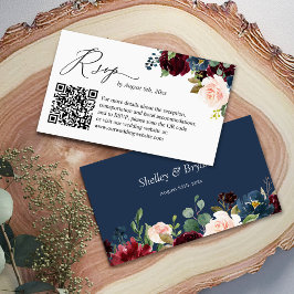 Navy Burgundy Floral Wedding Website RSVP QR Code Informatiekaartje