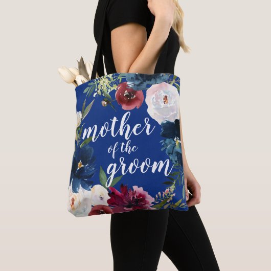 Navy Burgundy Floral Wreath Moeder van de Groom Tote Bag (Dichtbij)