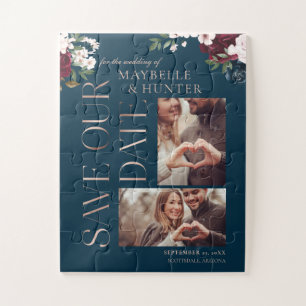 Navy & Burgundy Florals Foto bespaart onze datum Legpuzzel