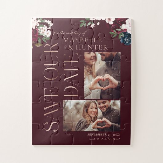 Navy & Burgundy Florals Foto bespaart onze datum Legpuzzel (Verticaal)