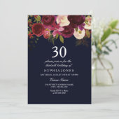 Navy & Burgundy Flowers 30th Birthday Party Invite Kaart (Staand voorkant)