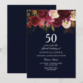 Navy & Burgundy Flowers 50th Birthday Party Invite Kaart (Voorkant / Achterkant)