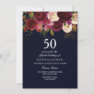 Navy & Burgundy Flowers 50th Birthday Party Invite Kaart