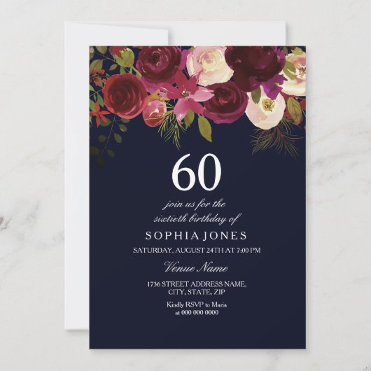 Navy & Burgundy Flowers 60th Birthday Party Invite Kaart (Voorkant)