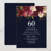 Navy & Burgundy Flowers 60th Birthday Party Invite Kaart (Voorkant / Achterkant)