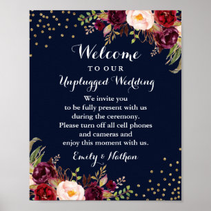 Navy Burgundy Gold Floral niet-aangesloten bruilof Poster