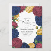 Navy, Burgundy & Gold Floral Wedding Kaart (Voorkant)