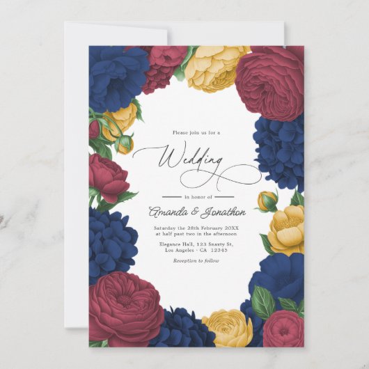 Navy, Burgundy & Gold Floral Wedding Kaart (Voorkant)