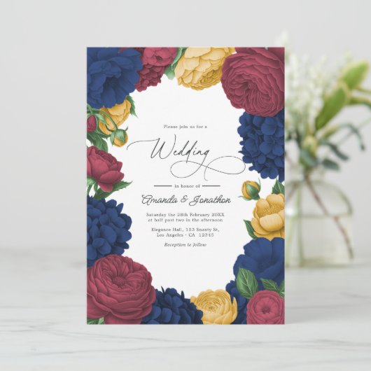 Navy, Burgundy & Gold Floral Wedding Kaart (Staand voorkant)