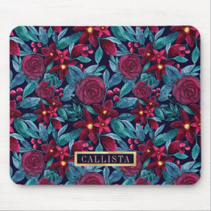 Navy Burgundy Kerstmis Floral Waterverf Monogram Muismat