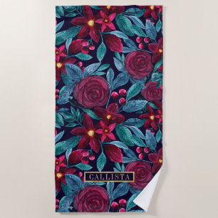 Navy Burgundy Kerstmis Floral Waterverf Monogram Strandlaken
