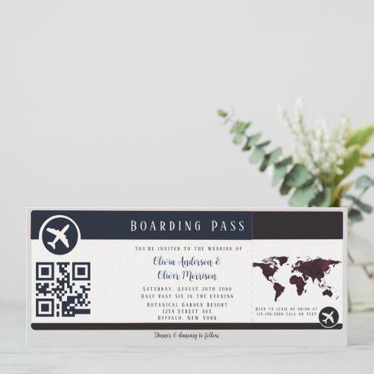 Navy Burgundy Map Boarding Pass Wedding Invitation Kaart (Staand voorkant)
