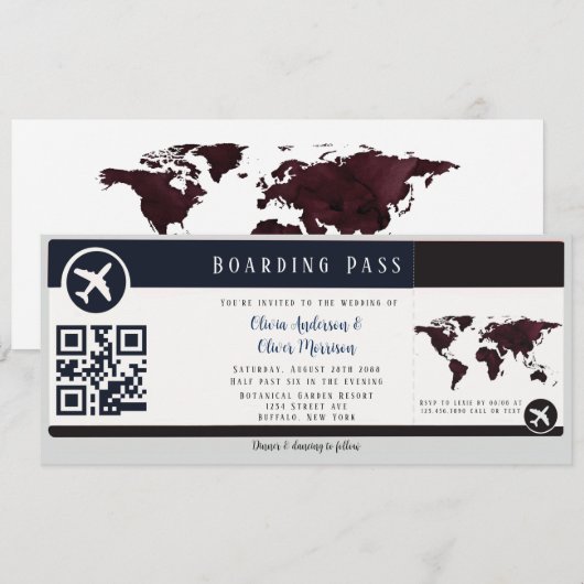 Navy Burgundy Map Boarding Pass Wedding Invitation Kaart (Voorkant / Achterkant)