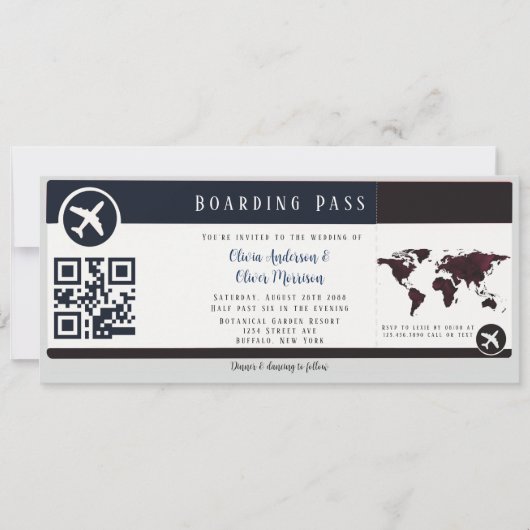 Navy Burgundy Map Boarding Pass Wedding Invitation Kaart (Voorkant)
